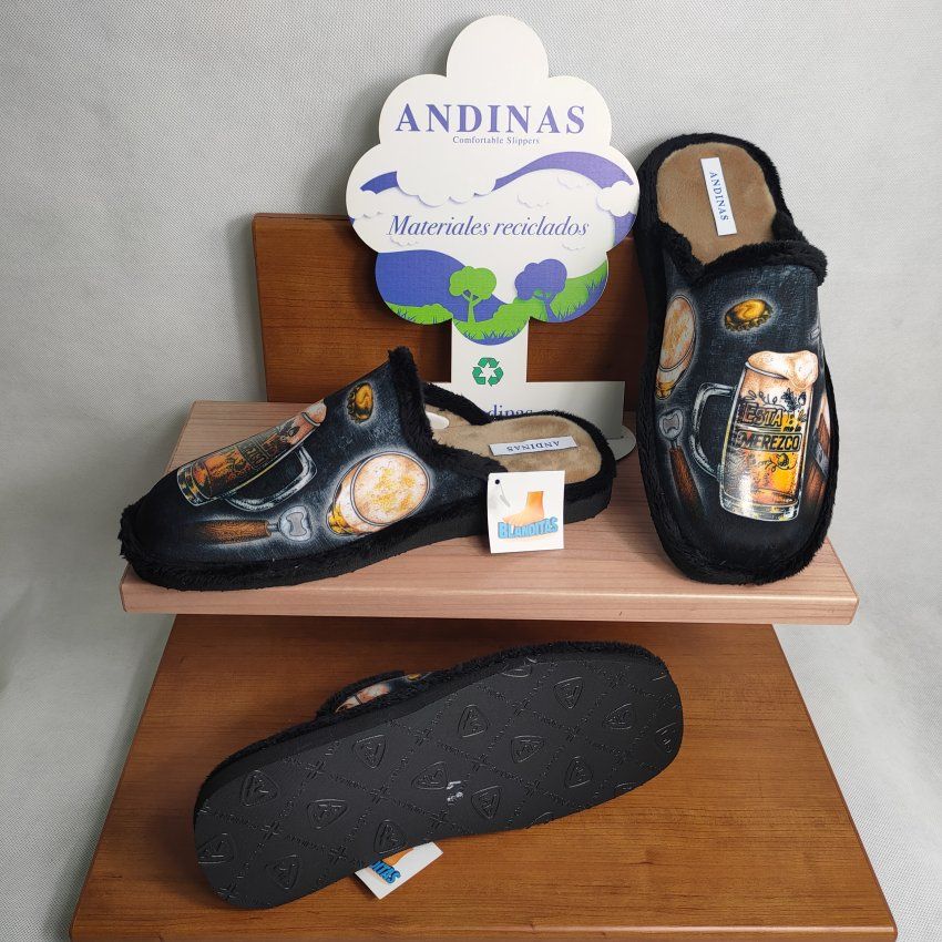 Zapatilla de Casa Hombre ANDINAS 432 CERVEZA Negra con Jarra de Cerveza