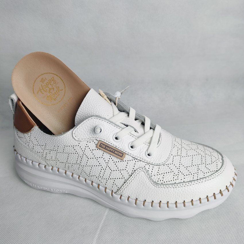 Deportivo Casual Mujer THE HAPPY MONK Calpe 002 Piel Picada Blanco con Cordón Elástico – Memory Gel