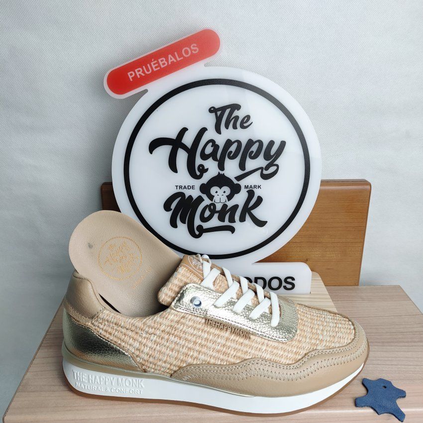 Deportivo Casual Mujer THE HAPPY MONK Vanity 019 Piel y Rafia Beige con Cordón Elástico – Memory Gel