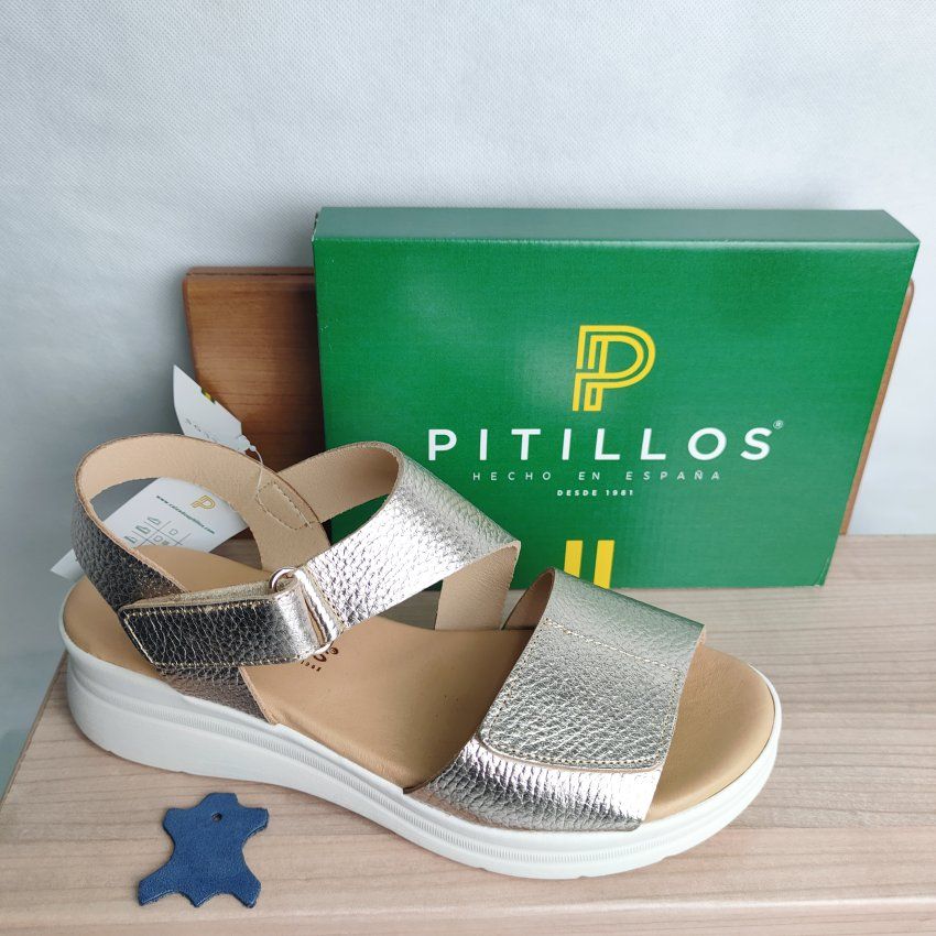 Sandalia Confort Mujer PITILLOS 11293 Cuña Media Dorada con Velcro – Plataforma y Planta Gel