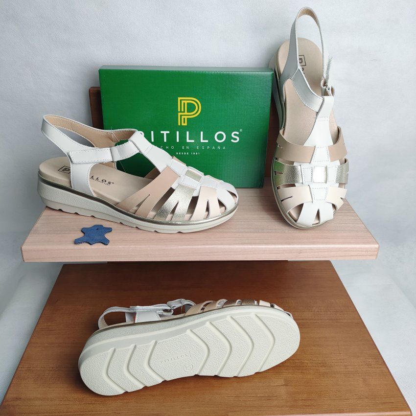 Sandalia Cangrejera Mujer PITILLOS 20310 Piel Tonos Neutros con Velcro – Cuña Baja Confort