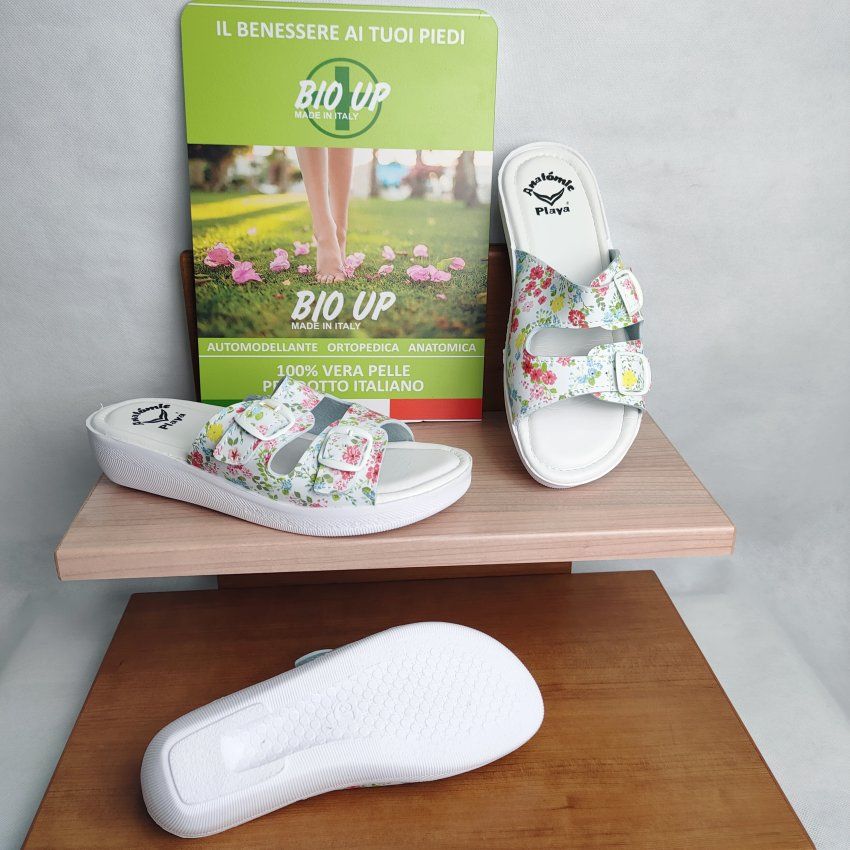 Sandalia Anatómica Mujer BIO UP Playa 126 Blanca Flores – Doble Hebilla Ajustable