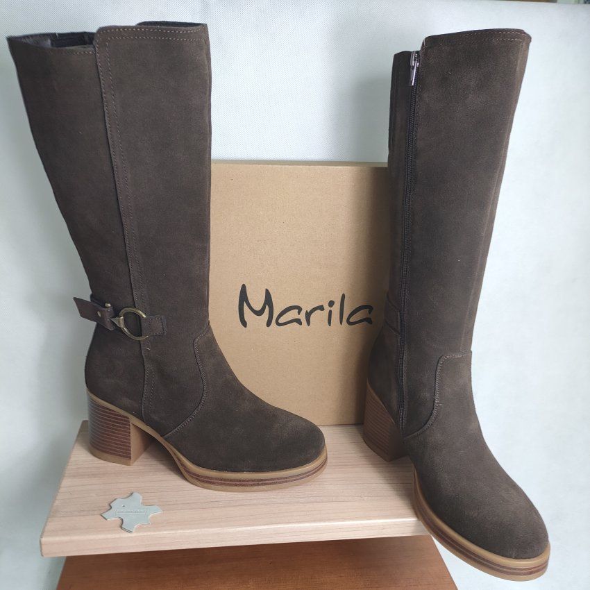 Bota Mujer MARILA RASTA Piel Afelpada Marrón con Pelo y Tacón Medio