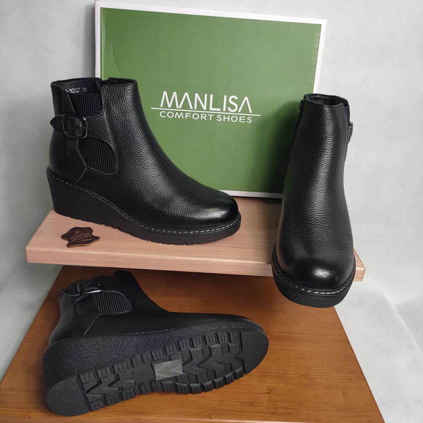 Botín Casual Mujer MANLISA 30027 Piel Flor Cuero y Negro con Cremallera