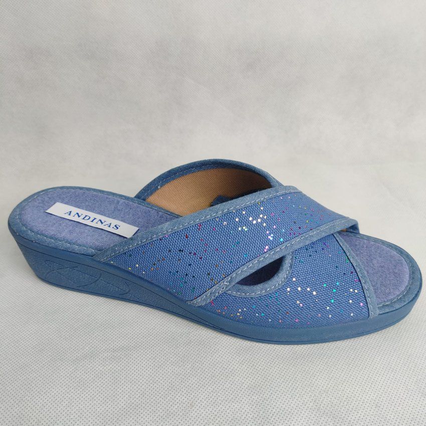 Zapatillas de Casa Mujer ANDINAS Cuña Baja Pala Abierta Azul con Brillo – Hechas en España