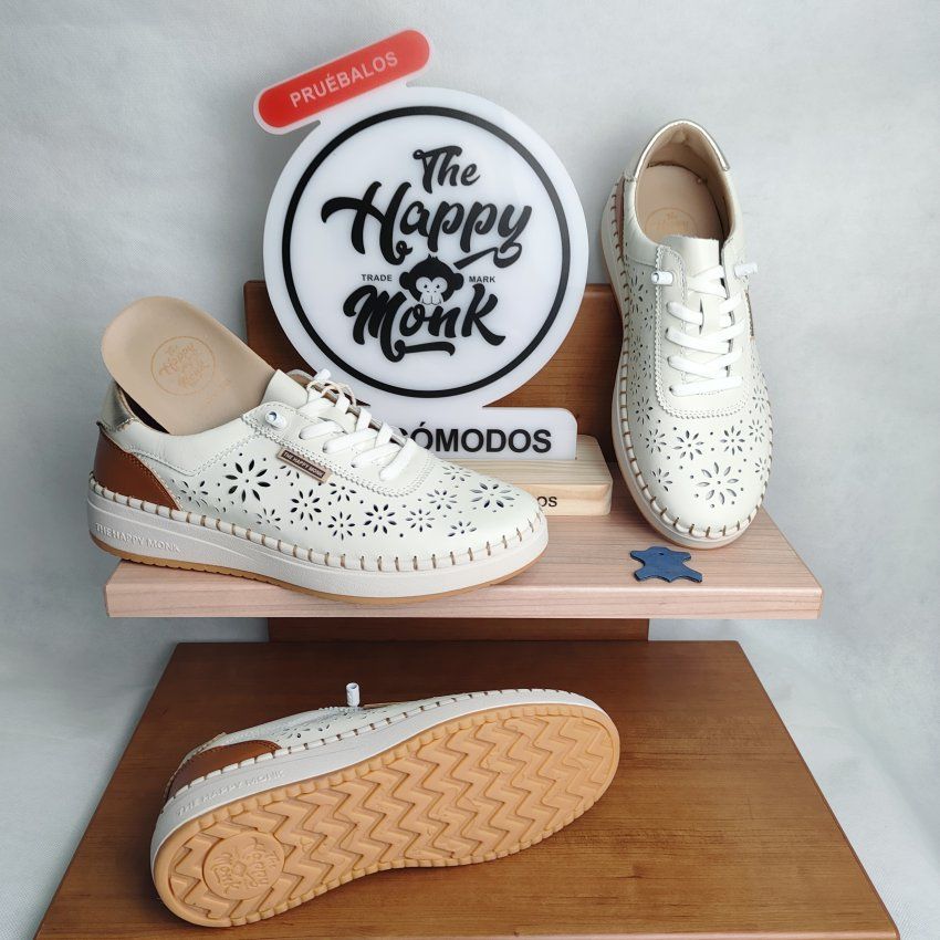 Deportivo Casual Mujer THE HAPPY MONK Alcalá 002 Piel Picada Color Hielo con Cordón Elástico – Memory Gel