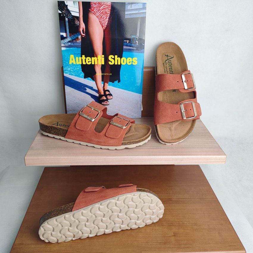 Sandalia BIO Mujer AUTENTI Serraje Teja Dos Hebillas – Planta Anatómica Corcho Natural