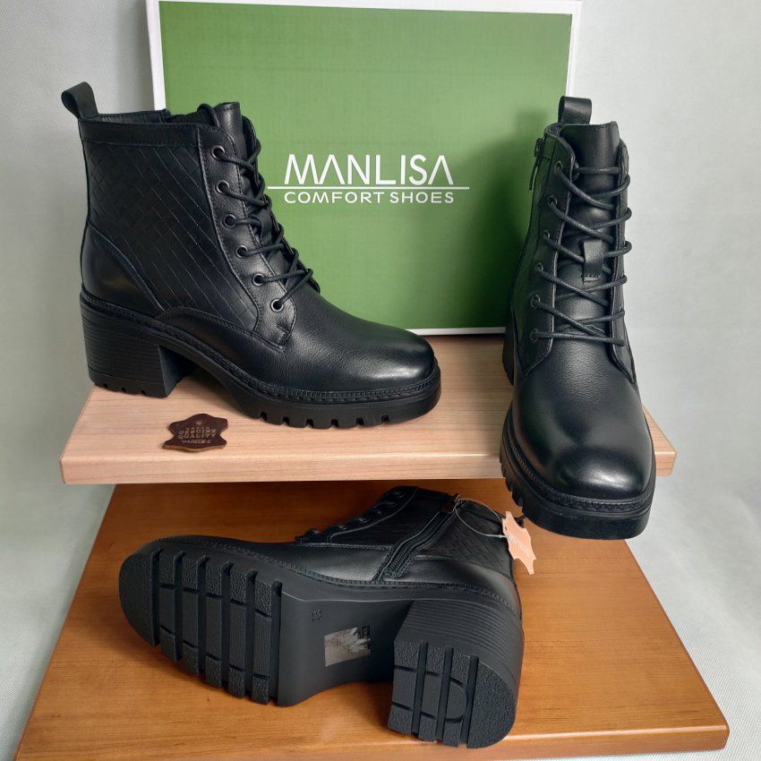 Botín Casual Mujer MANLISA 2180 Piel Negra con Tacón Medio y Plataforma