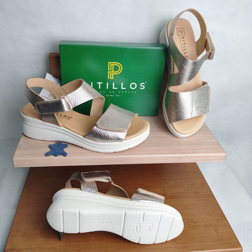 Sandalia Confort Mujer PITILLOS 11293 Cuña Media Dorada con Velcro – Plataforma y Planta Gel