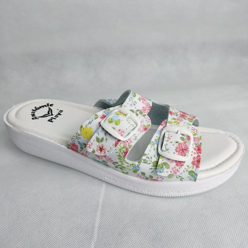 Sandalia Anatómica Mujer BIO UP Playa 126 Blanca Flores – Doble Hebilla Ajustable