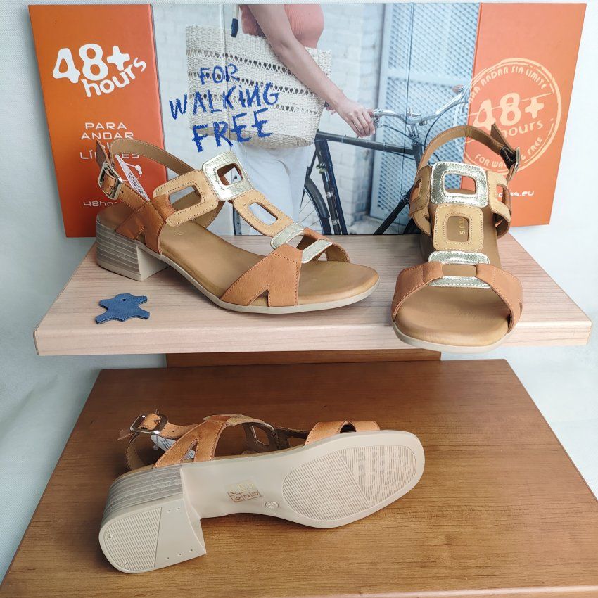 Sandalia Vestir Mujer 48+Hours Piel Cuero Oro y Tostado – Tacón Bajo Confort