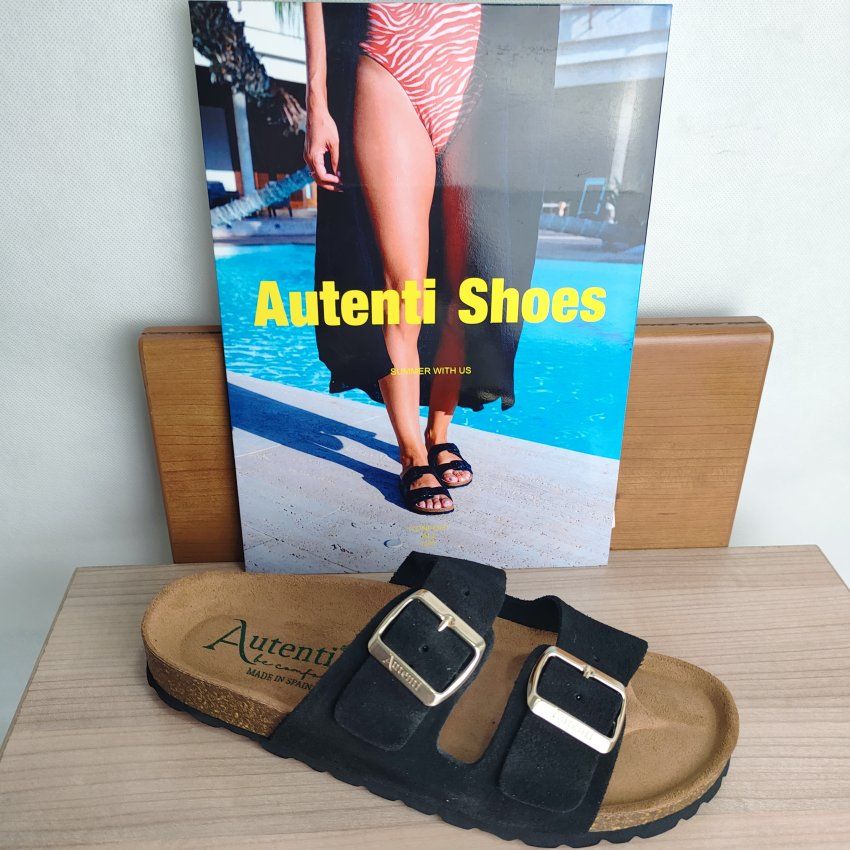 Sandalia Autenti bio mujer en negro y taupe dos hebillas cómoda | VICKY Zapatos