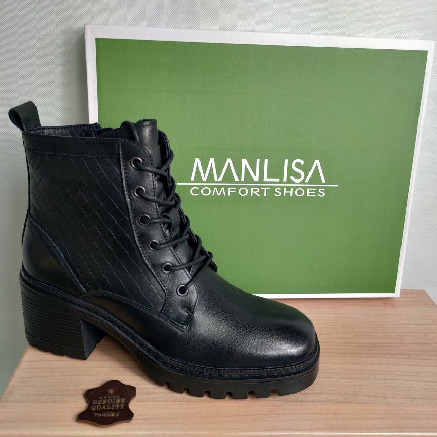 Botín Casual Mujer MANLISA 2180 Piel Negra con Tacón Medio y Plataforma