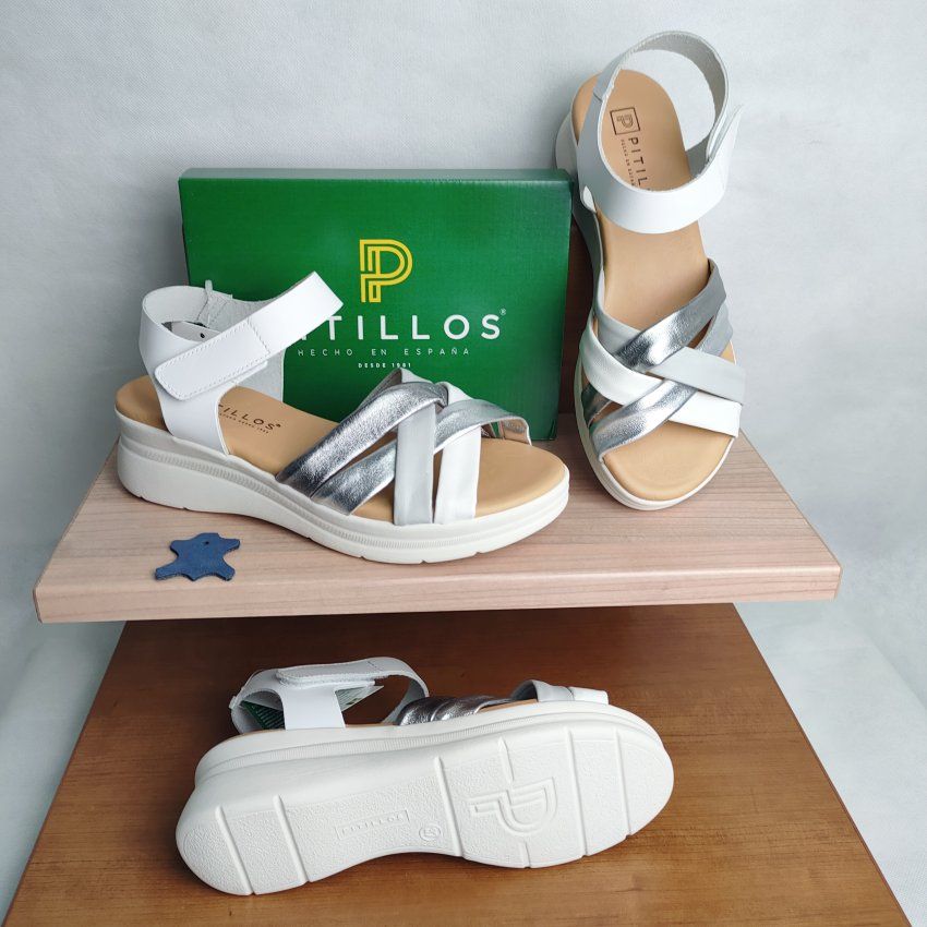 Sandalia Confort Mujer PITILLOS 11290 Cuña Media Blanca con Velcro – Piel Napa y Metalizada