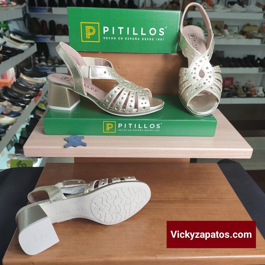 Sandalia en Piel Metalizada y Planta de Gel PITILLOS 10530 Tacón Medio Hechas en España