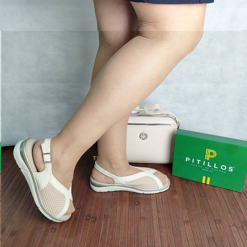 Sandalia Confort Mujer PITILLOS 11004 Piel Beige/Crema con Licra Adaptable – Memory Foam