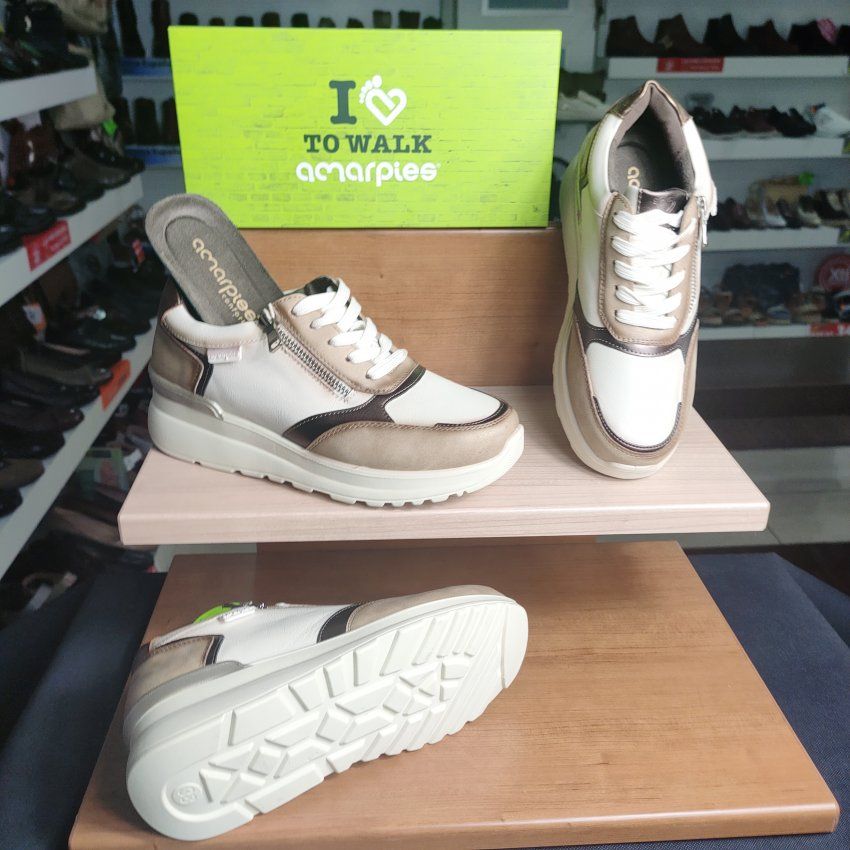 Amarpies – Deportiva casual vegana con cordón y cremallera en Crema combinado   VICKY Zapatos