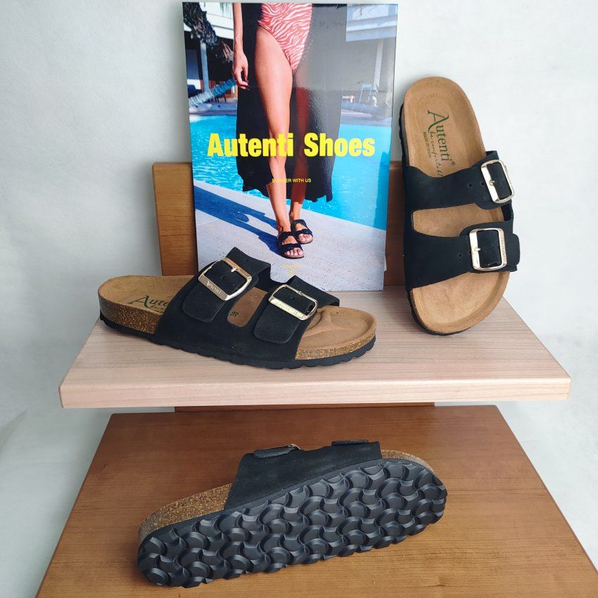 Sandalia Autenti bio mujer en negro y taupe dos hebillas cómoda | VICKY Zapatos