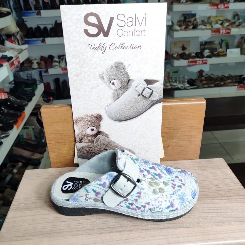Salvi 29T –  Zueco zapatilla de casa para mujer en tejido Pet nieve con estampado floral   VICKY Zapatos