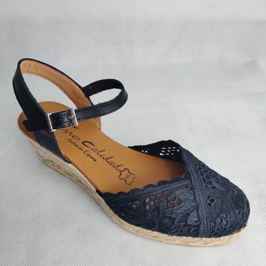 Alpargata Yute Mujer TORRES Cuña Bordada Piel y Textil – Planta Gel Hechas en España | VICKY Zapatos