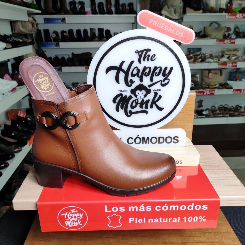 The Happy Monk Altea 017 – Botín casual de mujer en piel color cuero con tacón medio y hebillas   VICKY Zapatos