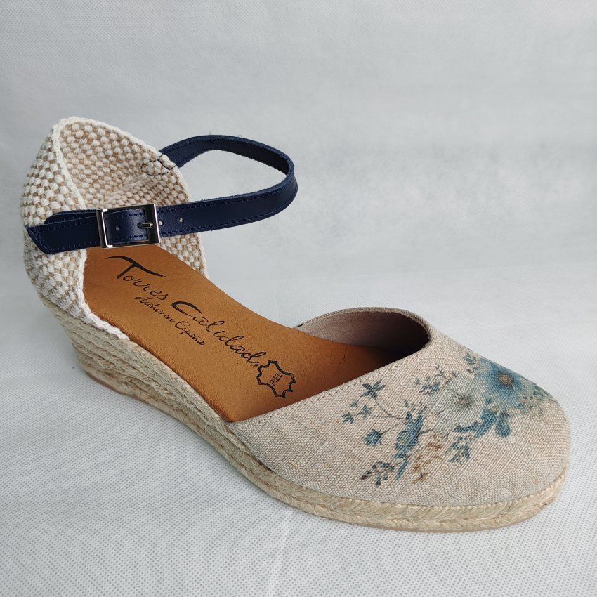 Sandalia Yute Mujer TORRES 5020 Cuña Lino Estampado Floral con Piel Negra – Planta Gel Hechas en España