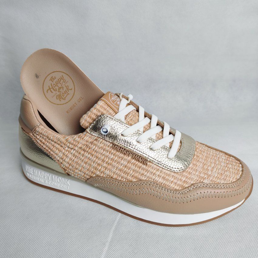 Deportivo Casual Mujer THE HAPPY MONK Vanity 019 Piel y Rafia Beige con Cordón Elástico – Memory Gel