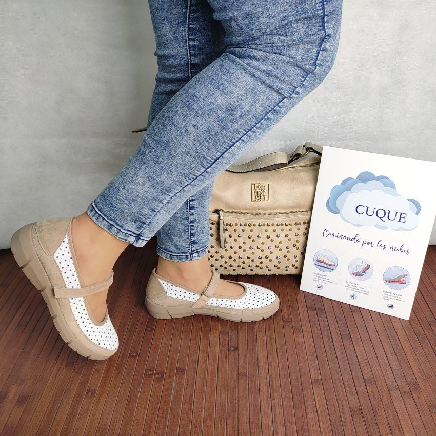 Merceditas Confort Mujer CUQUE 260 Vegano Blanco Picado con Velcro – Memory Foam
