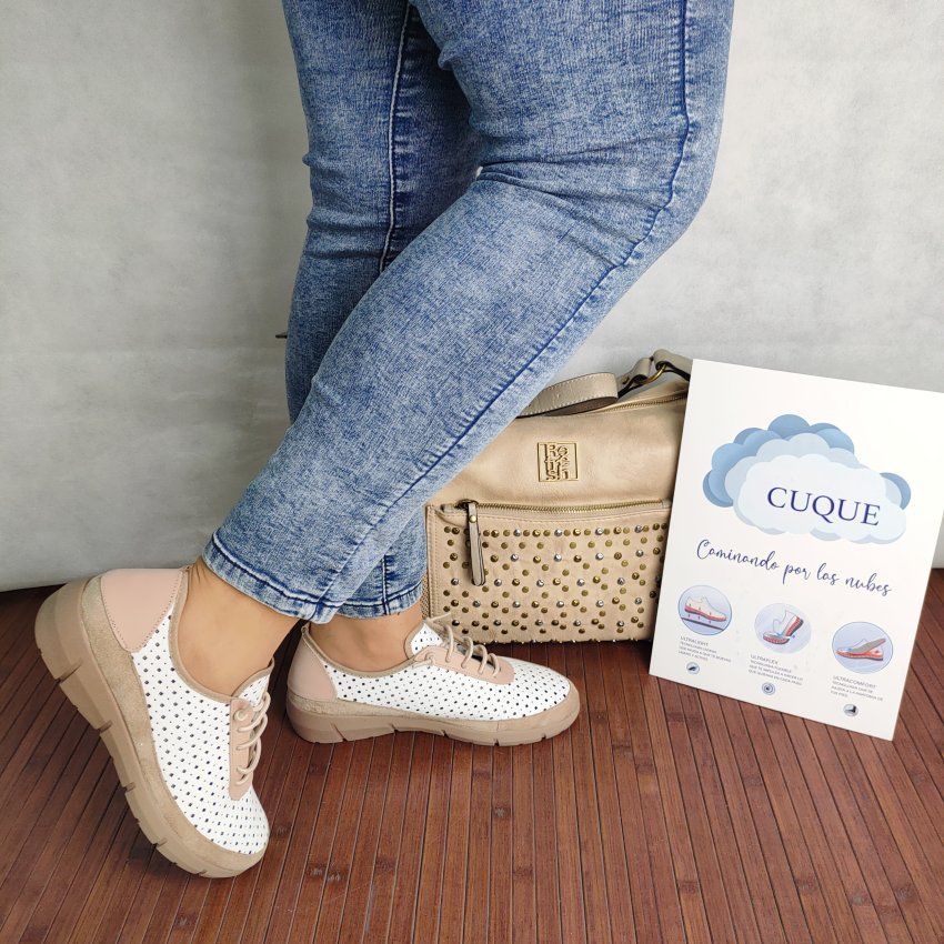 Deportivo Confort Mujer CUQUE 298 Vegano Blanco Picado con Detalles Taupe – Memory Foam