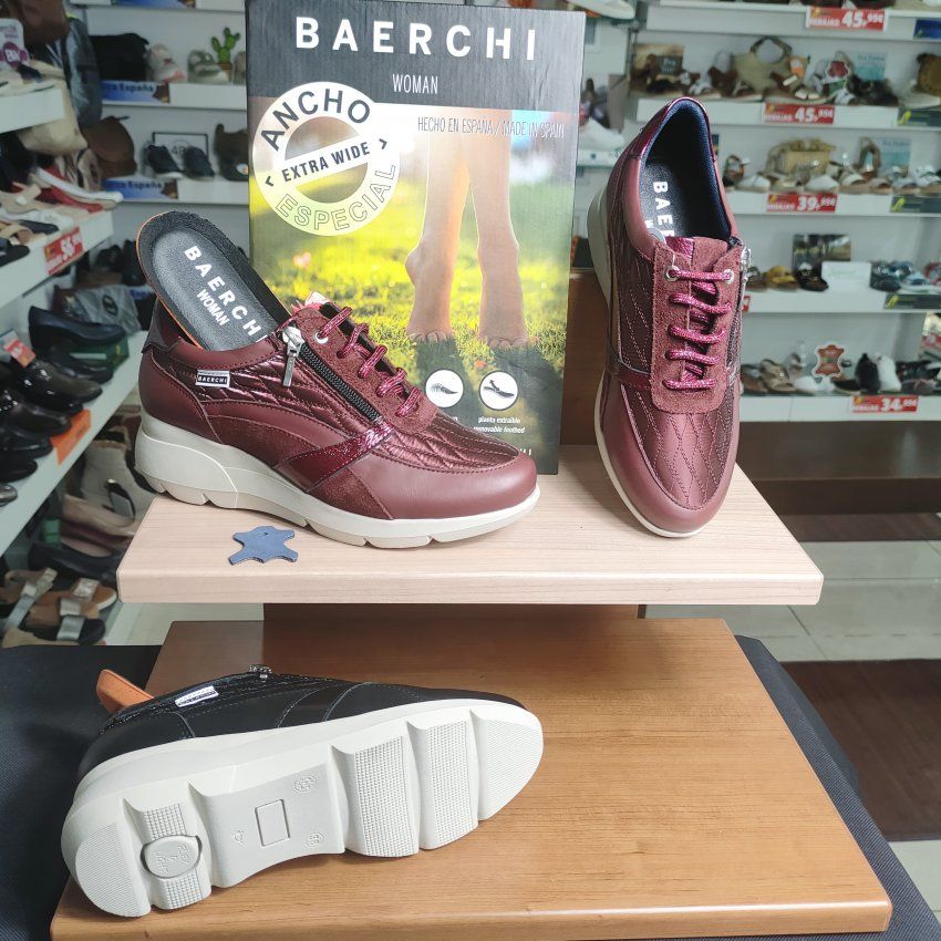 Deportivo BAERCHI 32600 LOLA Anchos Especiales Negro Y Burdeos en Piel Combi con Cuña Hechos en España | VICKYZAPATOS