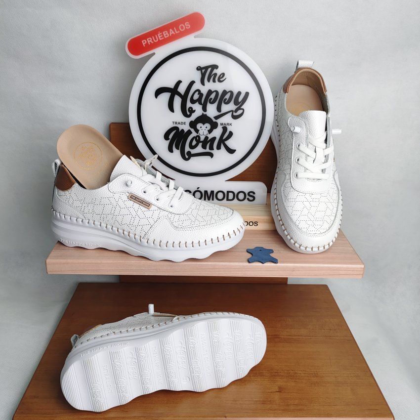 Deportivo Casual Mujer THE HAPPY MONK Calpe 002 Piel Picada Blanco con Cordón Elástico – Memory Gel