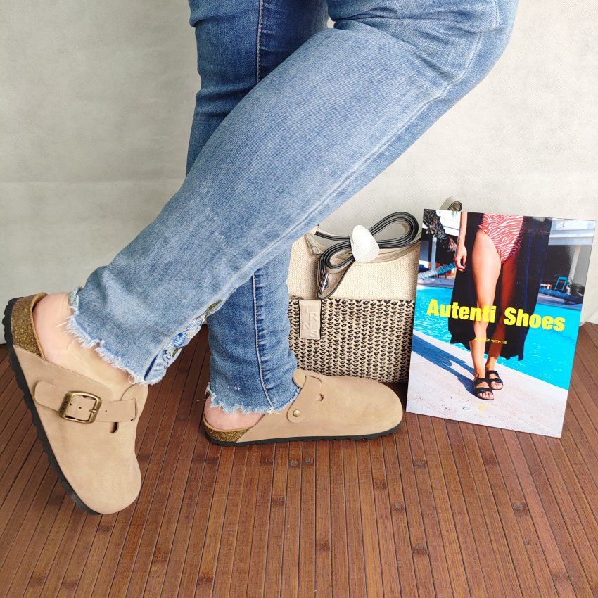 Zueco BIO Mujer AUTENTI Serraje Taupe con Hebilla – Planta Anatómica Corcho Natural