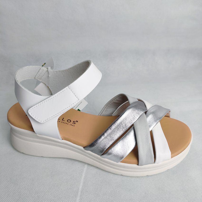 Sandalia Confort Mujer PITILLOS 11290 Cuña Media Blanca con Velcro – Piel Napa y Metalizada