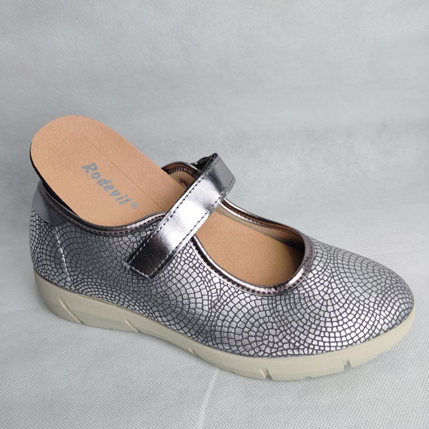 Merceditas Confort Mujer CUQUE 210 Vegano Plomo Grabado con Velcro – Memory Foam