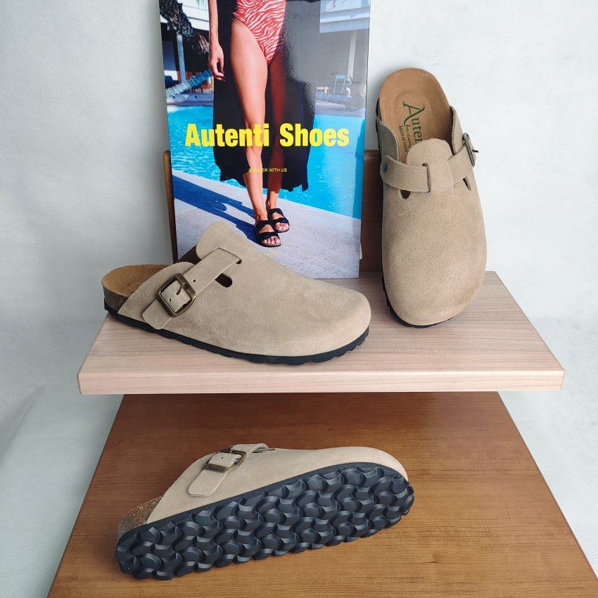 Zueco BIO Mujer AUTENTI Serraje Taupe con Hebilla – Planta Anatómica Corcho Natural