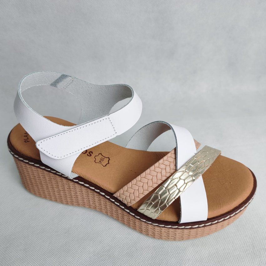 Sandalia en Piel Combinada EVA FRUTOS 6588 con Planta de Gel y Cuña Media Hechas en España