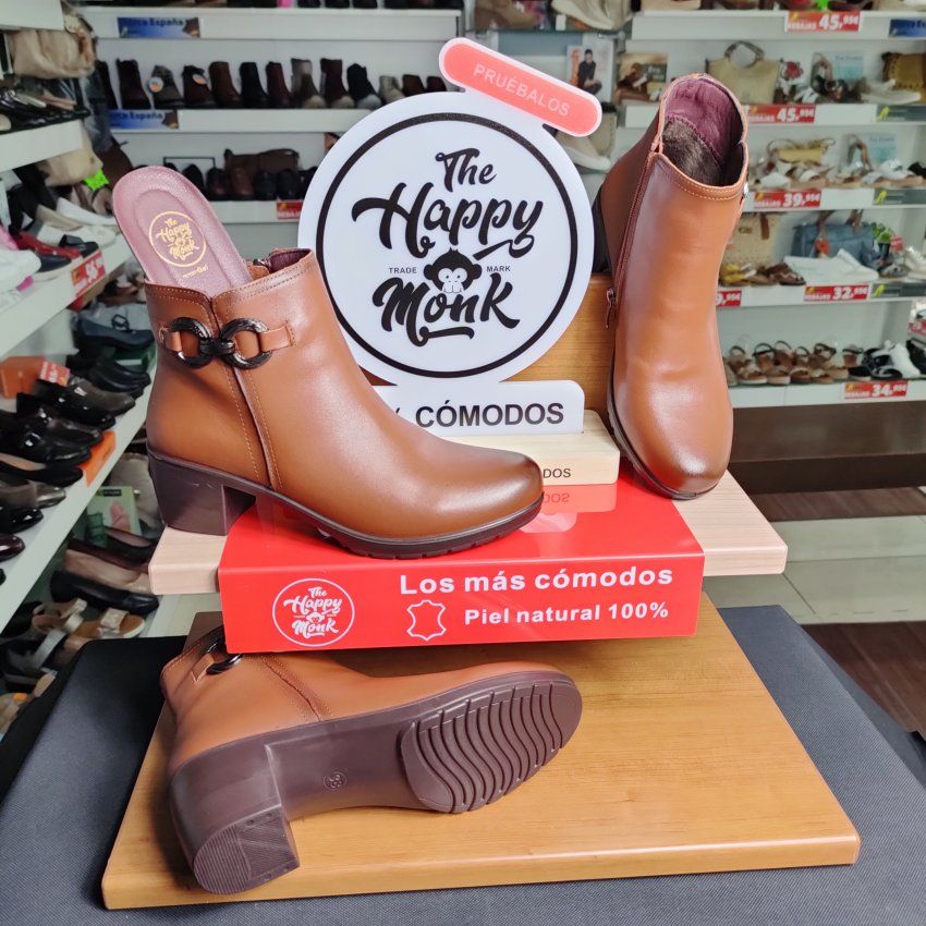 The Happy Monk Altea 017 – Botín casual de mujer en piel color cuero con tacón medio y hebillas   VICKY Zapatos