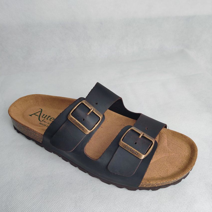 Sandalia BIO Hombre AUTENTI Serraje Marrón Dos Hebillas – Planta Anatómica Corcho Natural | VICKY Zapatos