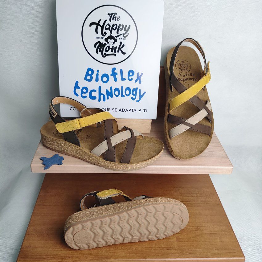 Sandalia BIO Mujer THE HAPPY MONK Formentera 05 Piel Nobuck Mostaza – Tiras Cruzadas y Velcro