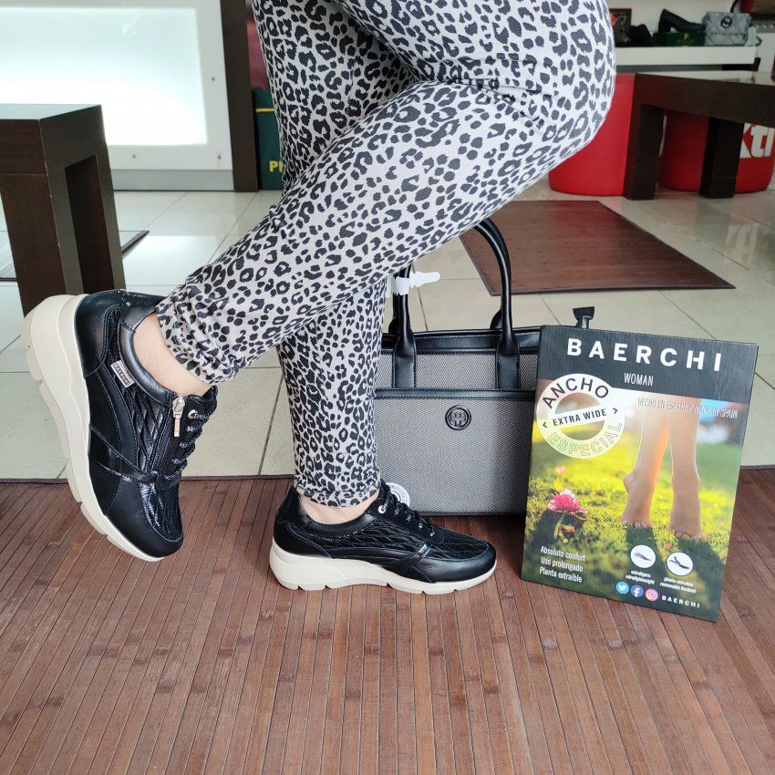 Deportivo BAERCHI 32600 LOLA Anchos Especiales Negro Y Burdeos en Piel Combi con Cuña Hechos en España | VICKYZAPATOS
