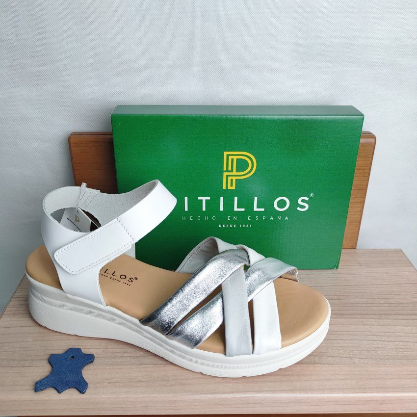 Sandalia Confort Mujer PITILLOS 11290 Cuña Media Blanca con Velcro – Piel Napa y Metalizada