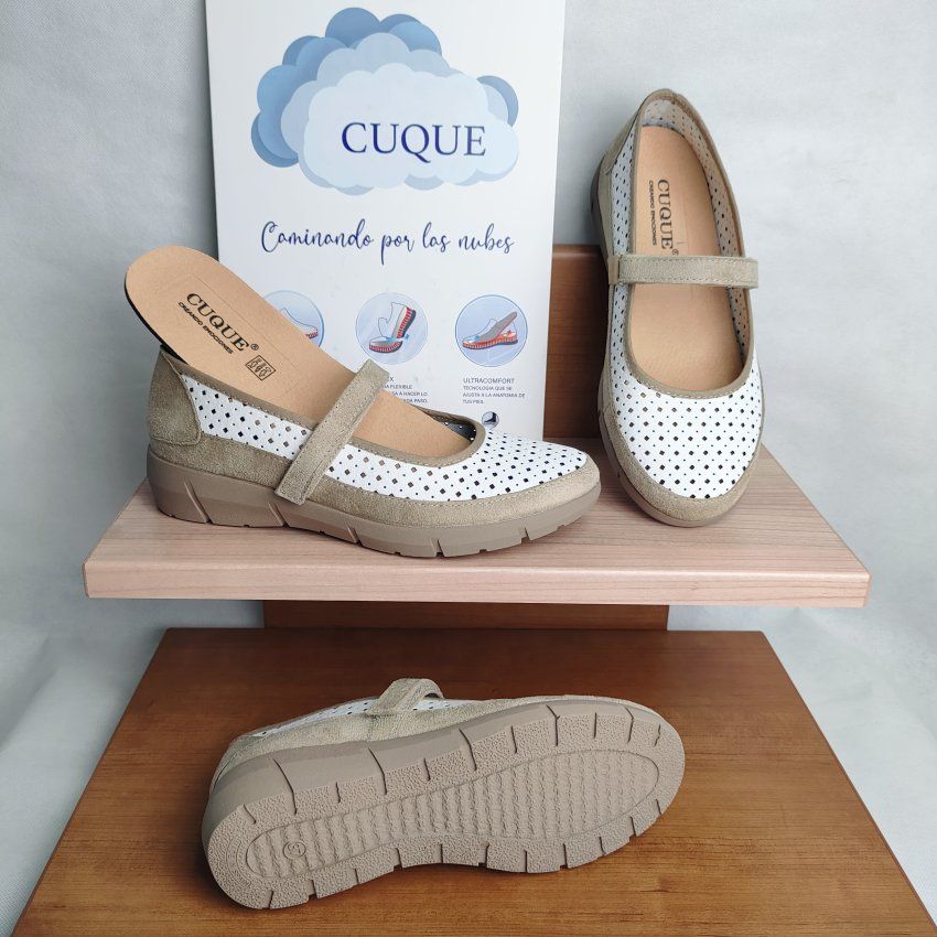 Merceditas Confort Mujer CUQUE 260 Vegano Blanco Picado con Velcro – Memory Foam