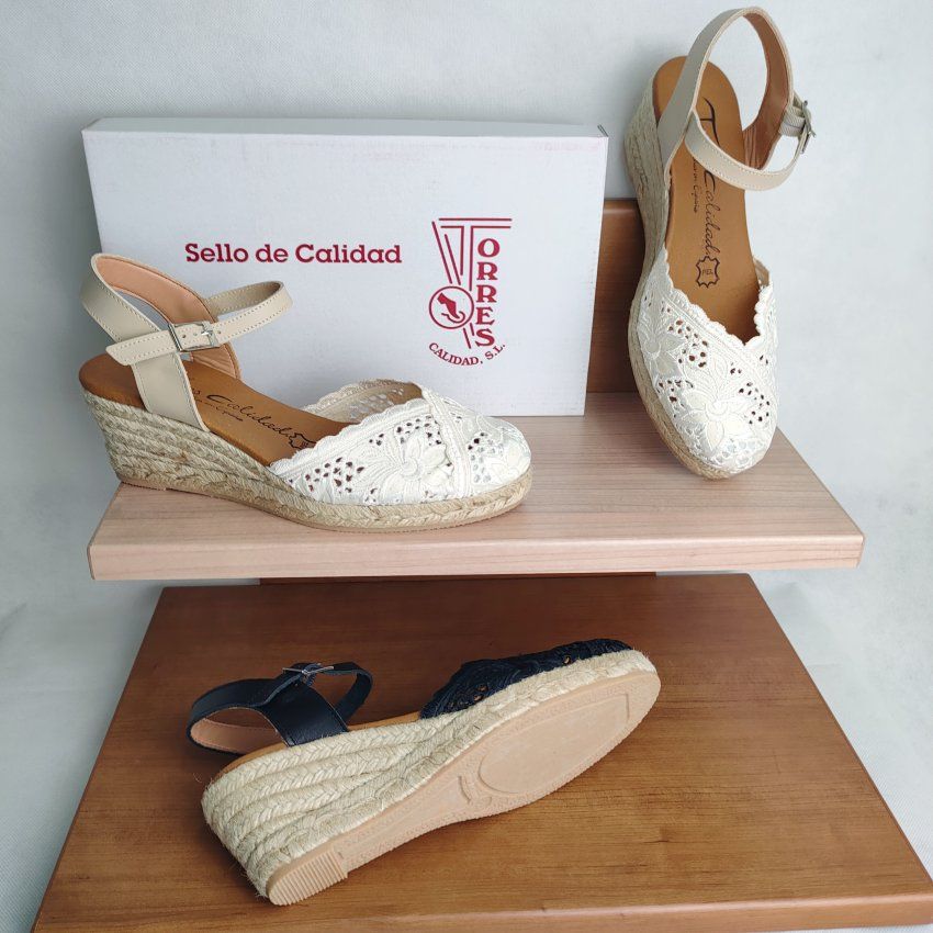 Alpargata Yute Mujer TORRES Cuña Bordada Piel y Textil – Planta Gel Hechas en España | VICKY Zapatos