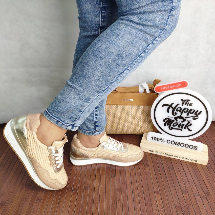 Deportivo Casual Mujer THE HAPPY MONK Vanity 019 Piel y Rafia Beige con Cordón Elástico – Memory Gel