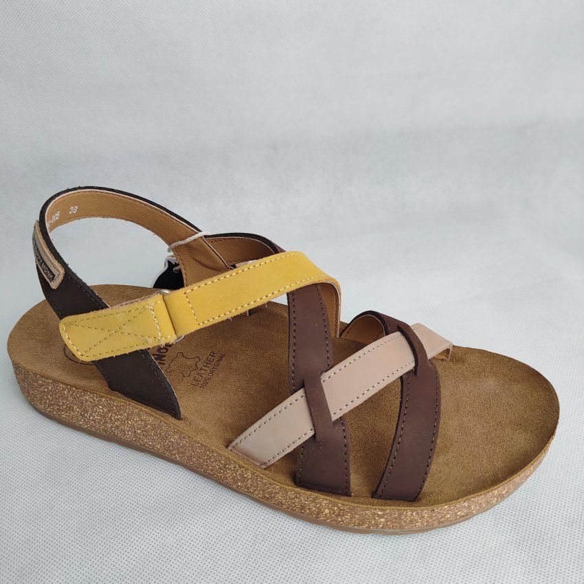 Sandalia BIO Mujer THE HAPPY MONK Formentera 05 Piel Nobuck Mostaza – Tiras Cruzadas y Velcro