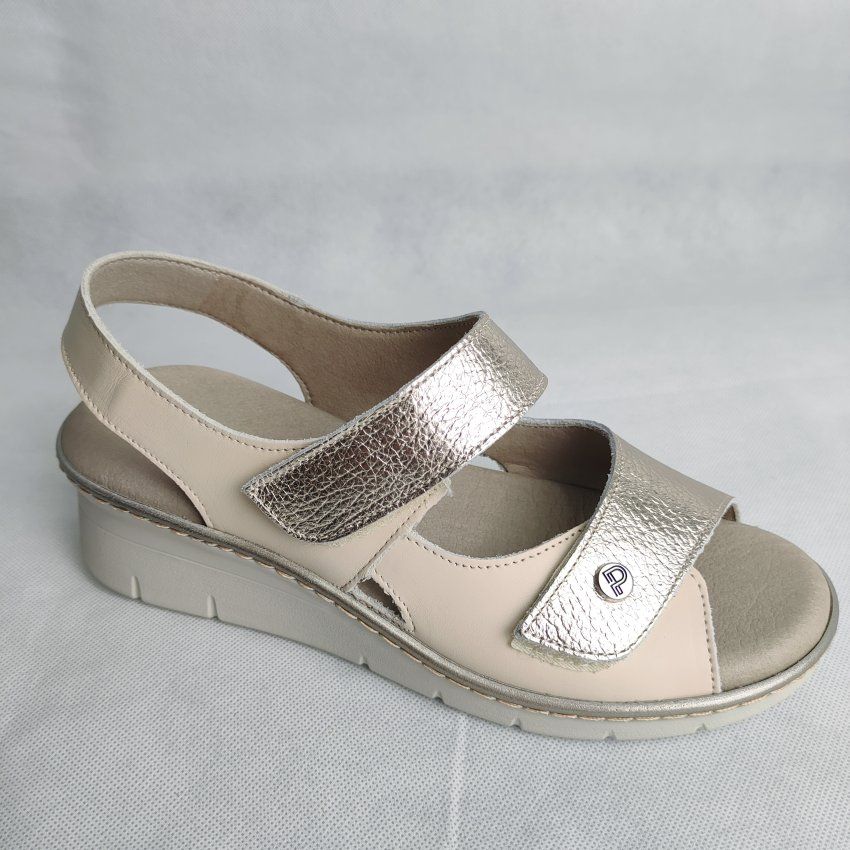 Sandalia Confort Mujer PITILLOS 11010 Piel Crema y Dorado con Velcro – Plantilla Extraíble Ortopédica