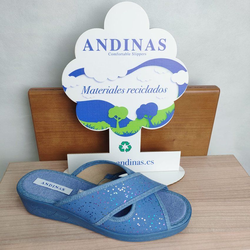 Zapatillas de Casa Mujer ANDINAS Cuña Baja Pala Abierta Azul con Brillo – Hechas en España
