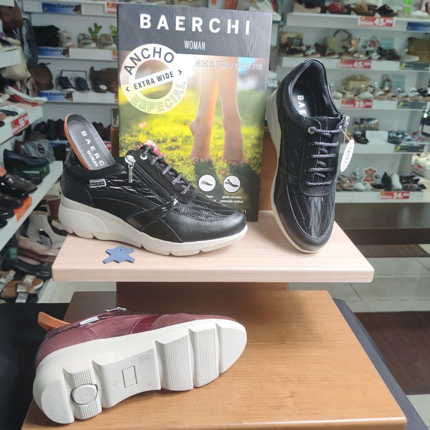 Deportivo BAERCHI 32600 LOLA Anchos Especiales Negro Y Burdeos en Piel Combi con Cuña Hechos en España | VICKYZAPATOS