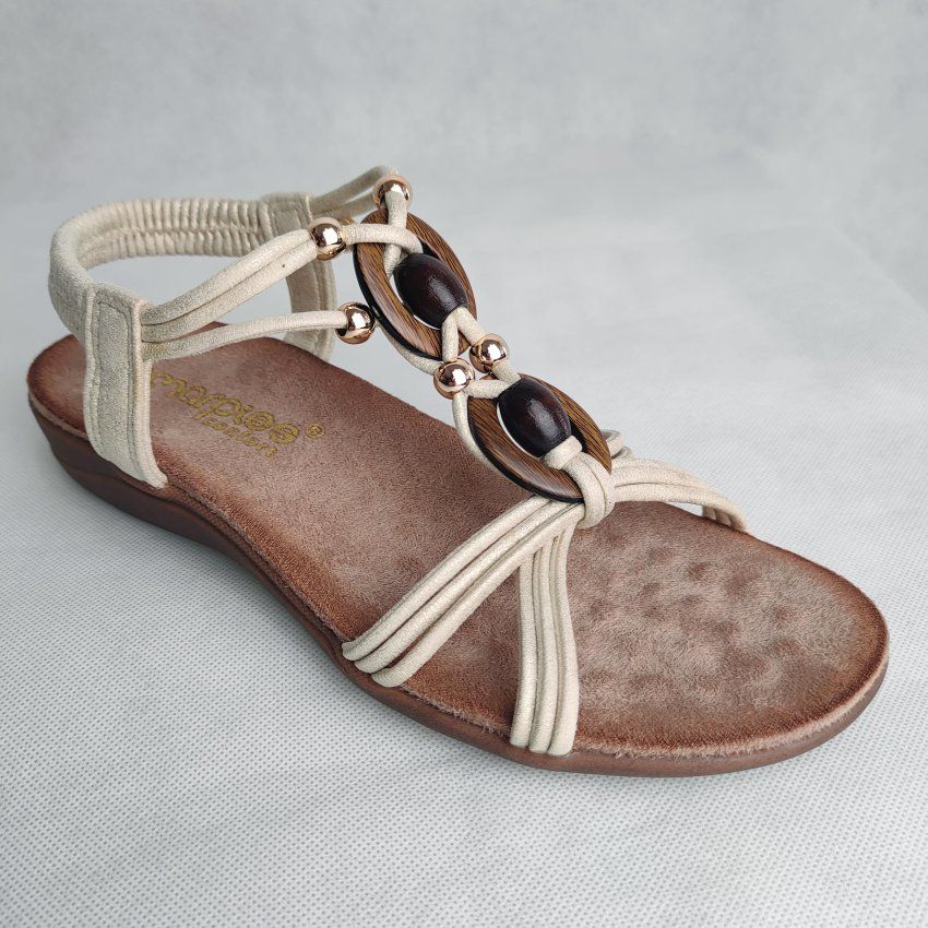 Sandalia Confort Mujer AMARPIES Tiras Elásticas Étnicas con Detalles en Madera – Ligera y Transpirable