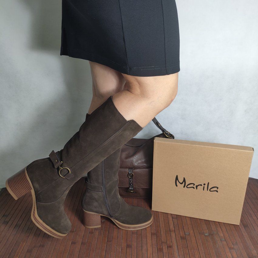 Bota Mujer MARILA RASTA Piel Afelpada Marrón con Pelo y Tacón Medio